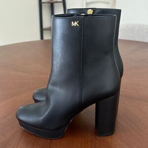 Michael Kors Black Leather Platform Ankle Booties with Gold MK Accent